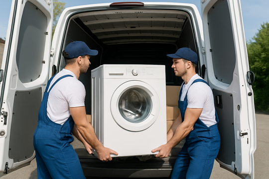 Beiladung Lübeck – Mover laden eine Waschmaschine und Kartons in den Sprinter